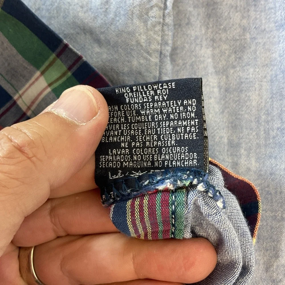VTG Ralph Lauren Garrison Queen Flat &fitted  2 King Cases denim/ plaid trim